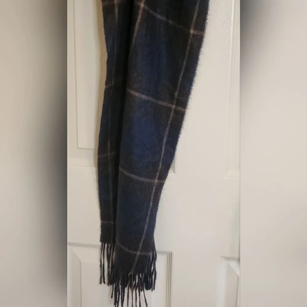 Geoffrey Beene Cashme Brown Navy Plaid Fringe Acrylic Scarf Shawl Italy 66x12.5”